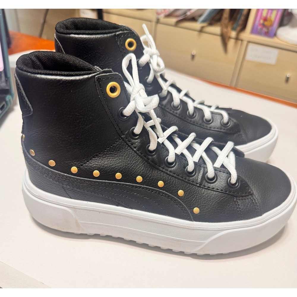 Puma Kaia Mid Black Gold Studded Platform High Top Sneakers Kids Size 4